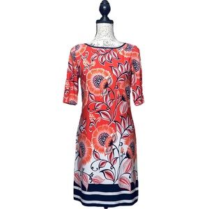 Eliza J. Dress Size 4 Orange Floral Navy Striped 3/4 Sleeve Sheath Lined Midi